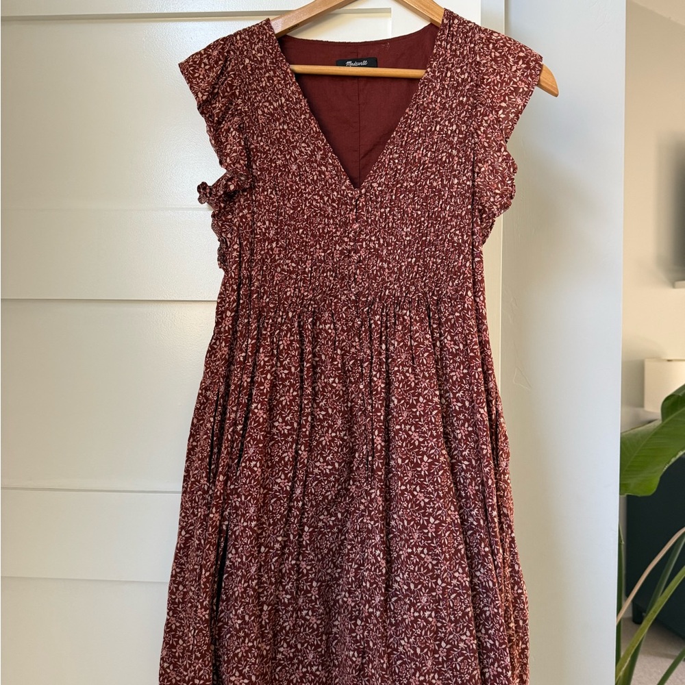 Madewell Burgundy Floral Midi Dress with Ruffle Sleeves